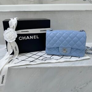 Chanel Mini Rectangular Flap Bag in Light Blue Lambskin with Silver Hardware